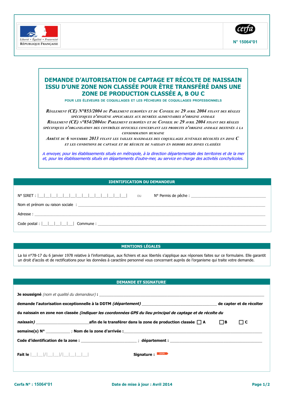 Page 1 du formulaire cerfa 15064 — Demande d'autorisation de captage et récolte de naissain issu d'une zone non classée pour être transféré