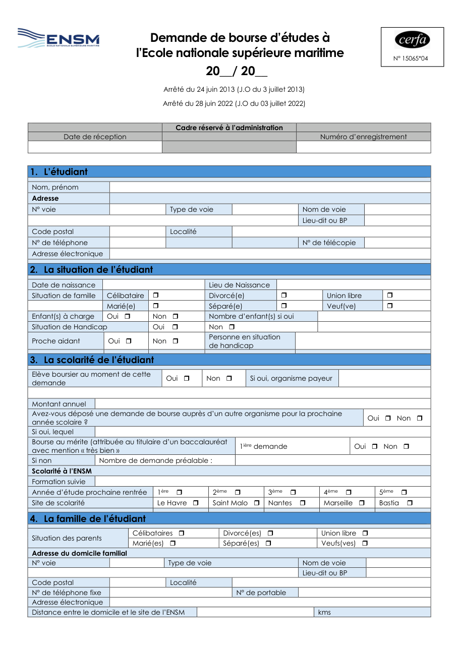 Page 1 du formulaire cerfa 15065 — Demande de bourse d’études à l’École nationale supérieure maritime