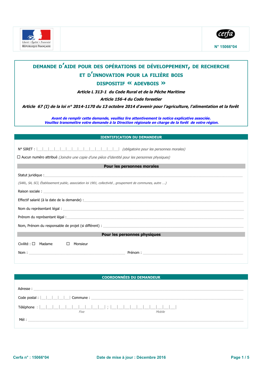 Page 1 du formulaire cerfa 15066 — Demander une aide ADEVBOIS pour un projet de la filière bois