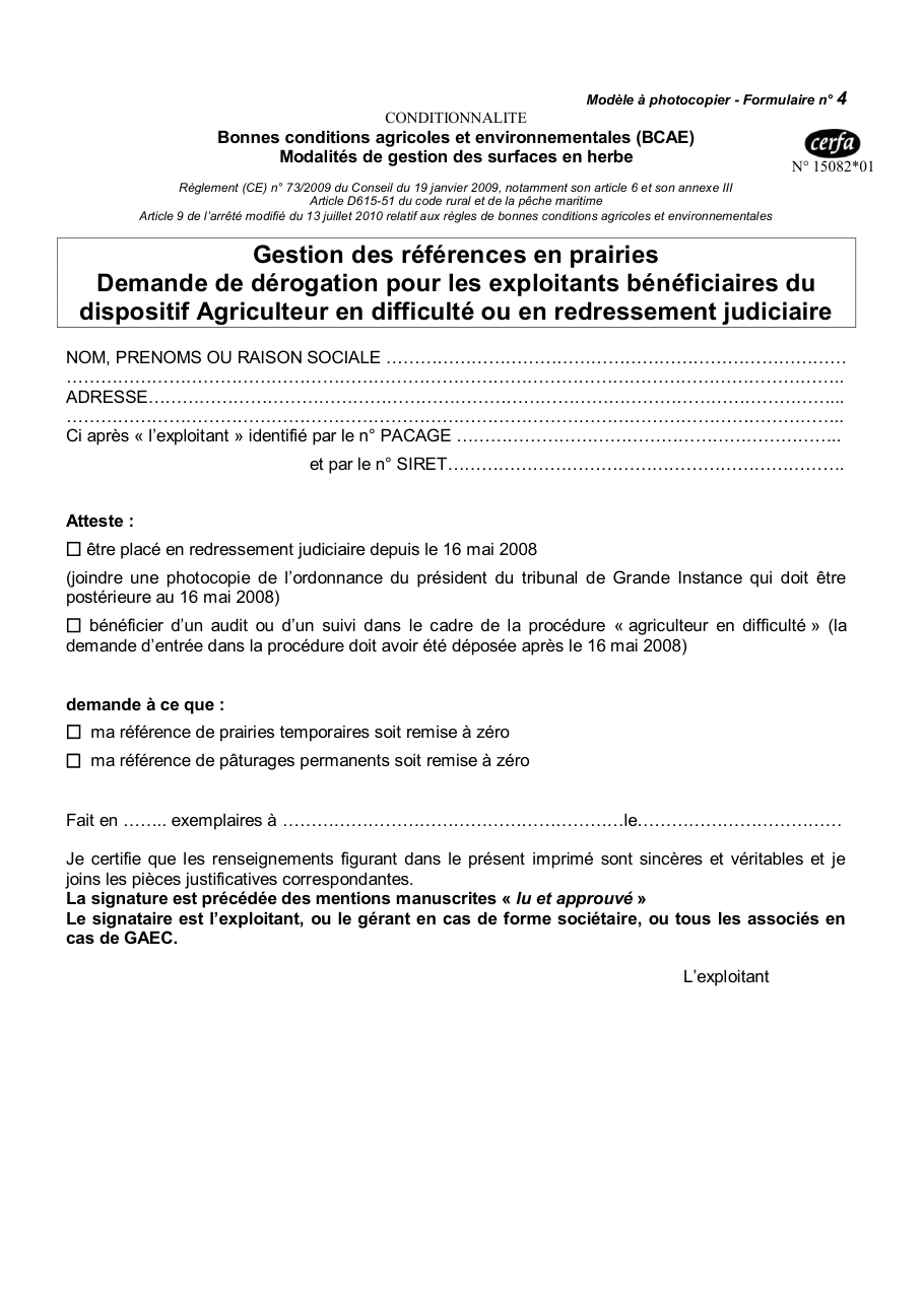 Page 1 du formulaire cerfa 15082 — Gestion des références en prairies — demande de dérogation pour les exploitants