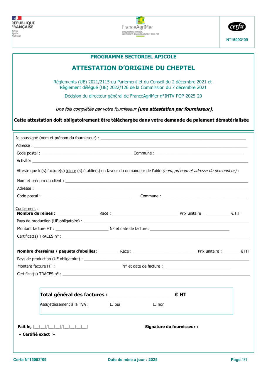 Page 1 du formulaire cerfa 15093 — Attestation d’origine du cheptel