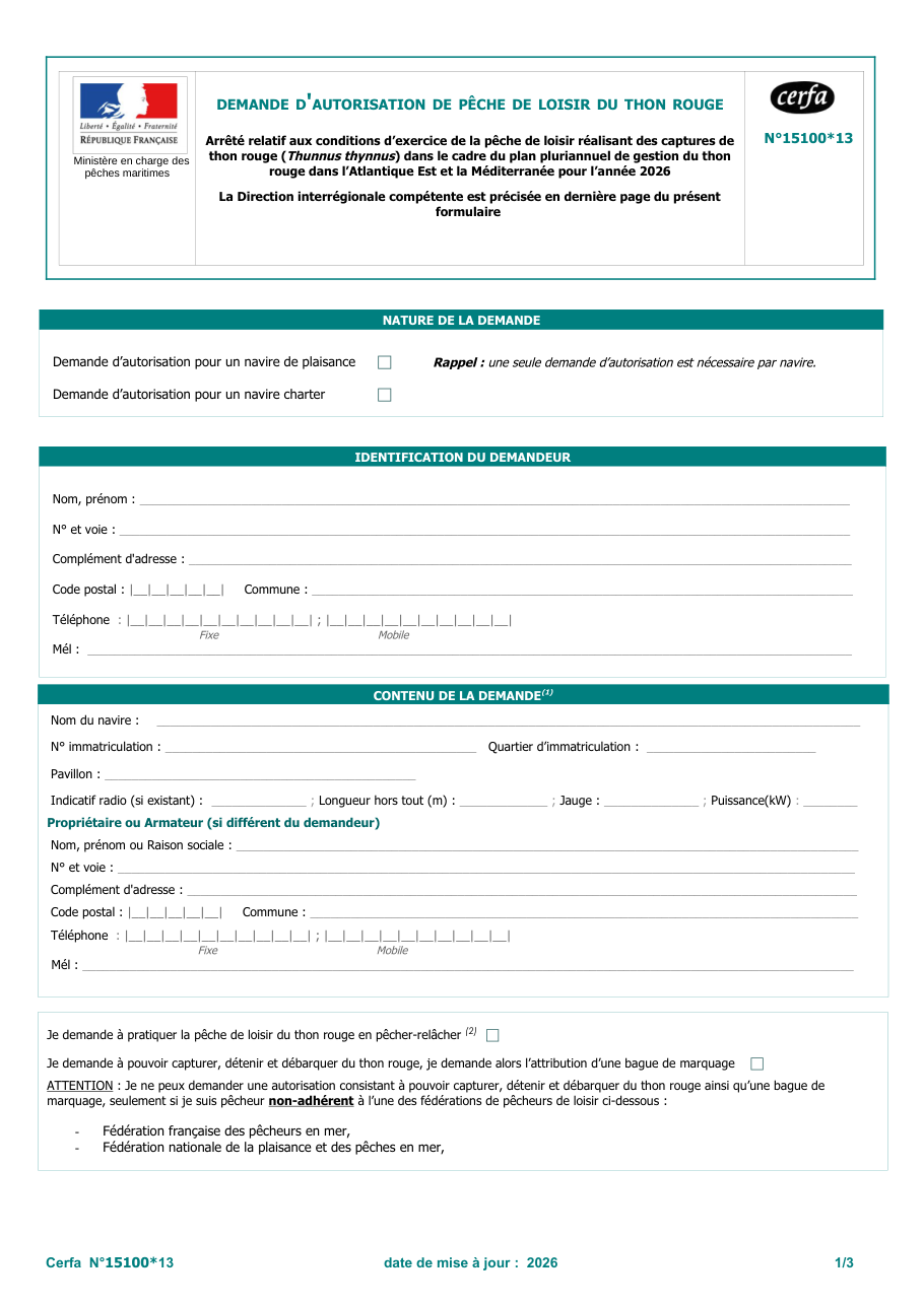 Page 1 du formulaire cerfa 15100 — Demander l'autorisation de pêche de loisir du thon rouge pour un navire