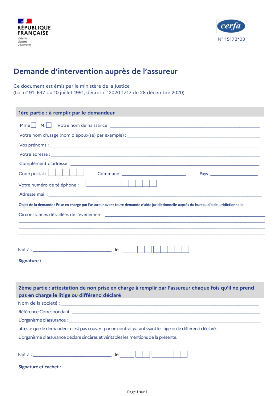 Page 1 du formulaire cerfa 15173 — Demande d'intervention auprès de l'assureur