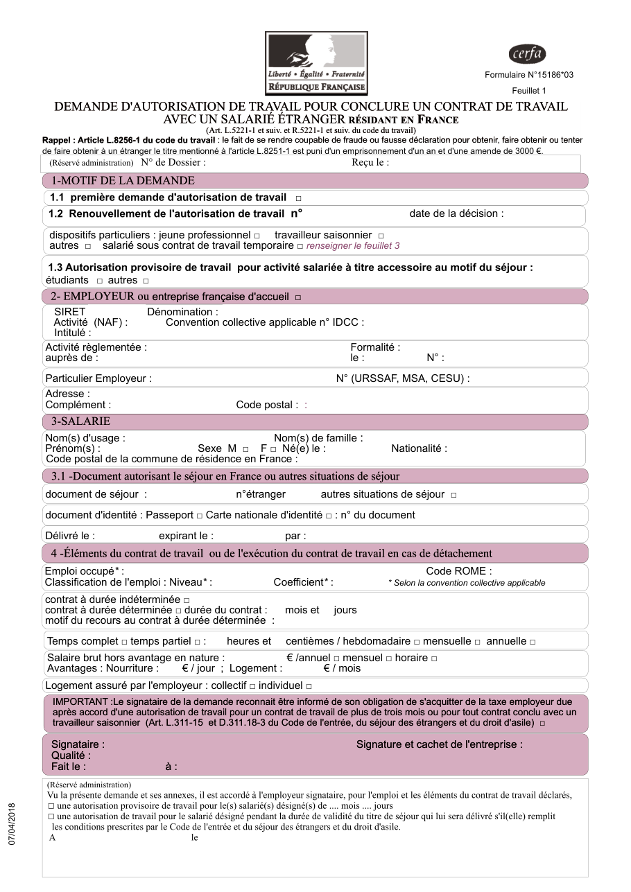 Page 1 du formulaire cerfa 15186 — Demande d'autorisation de travail pour conclure un contrat de travail avec un salarié étranger