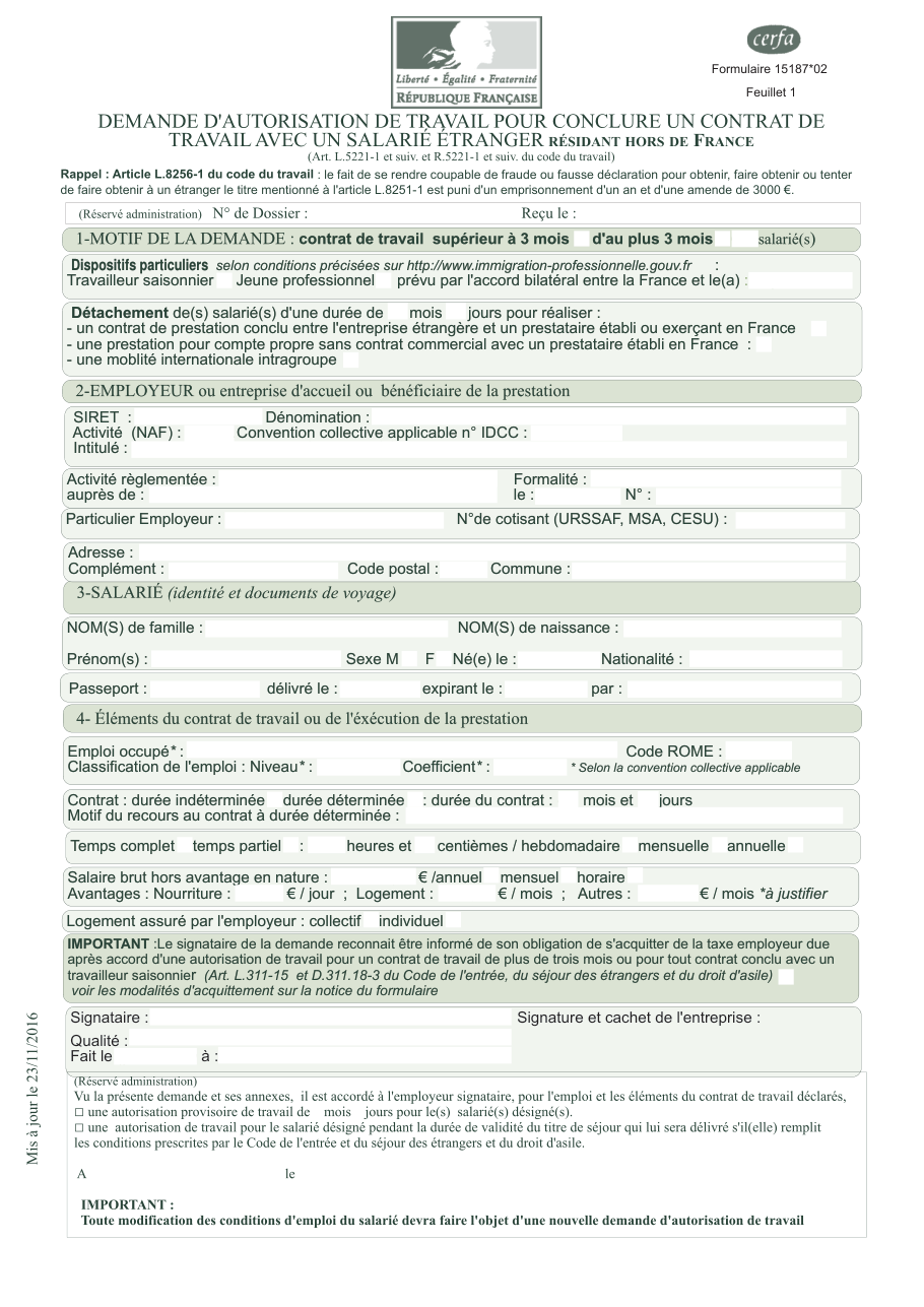 Page 1 du formulaire cerfa 15187 — Demande d'autorisation de travail pour conclure un contrat de travail avec un salarié