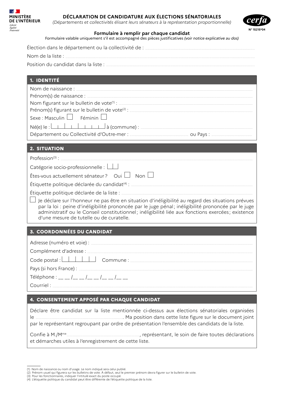 Page 1 du formulaire cerfa 15215 — Déclarer sa candidature aux élections sénatoriales sur une liste, à la représentation proportionnelle