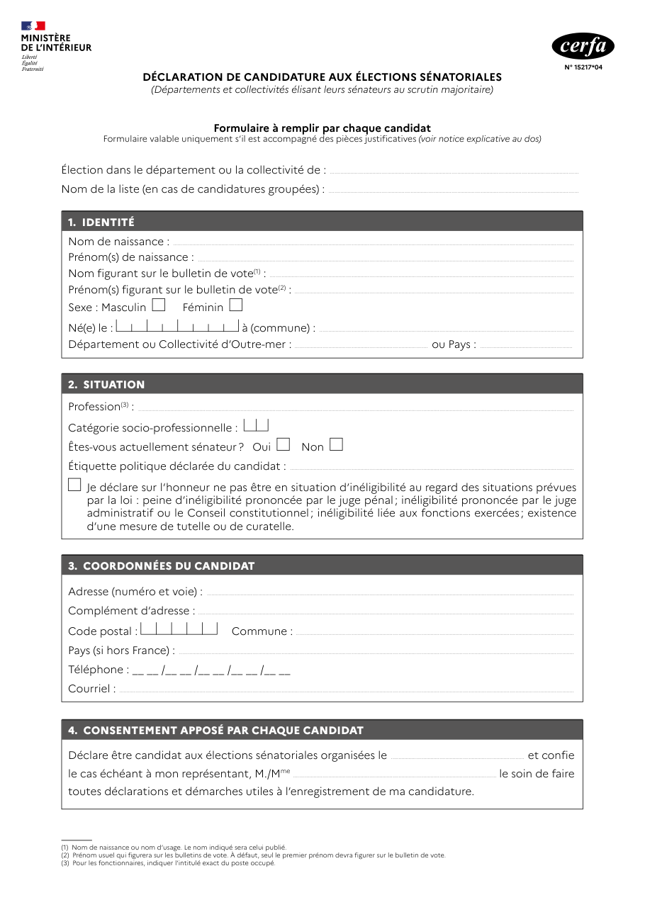 Page 1 du formulaire cerfa 15217 — Déclarer sa candidature aux élections sénatoriales