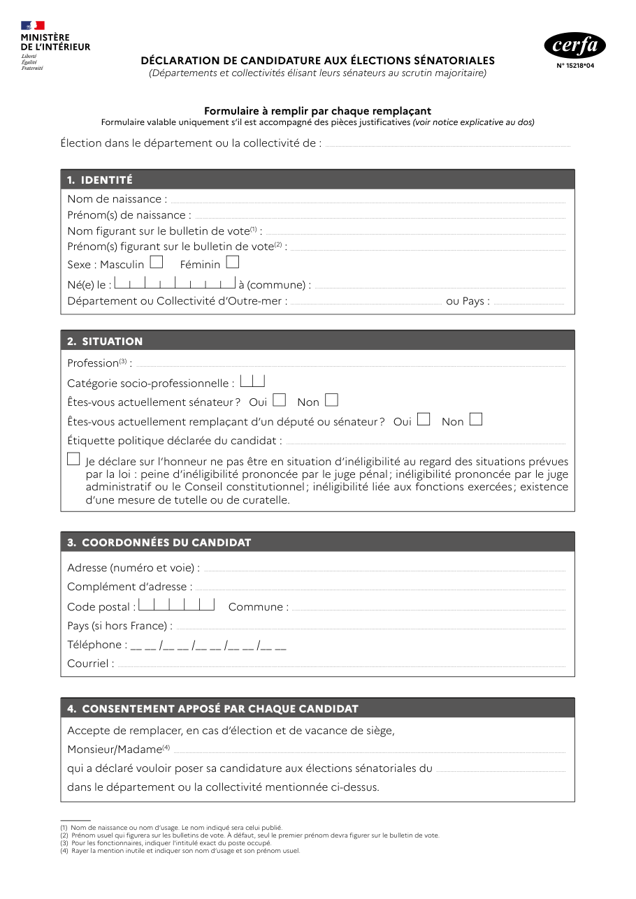 Page 1 du formulaire cerfa 15218 — Déclaration de candidature aux élections sénatoriales - formulaire à remplir par chaque