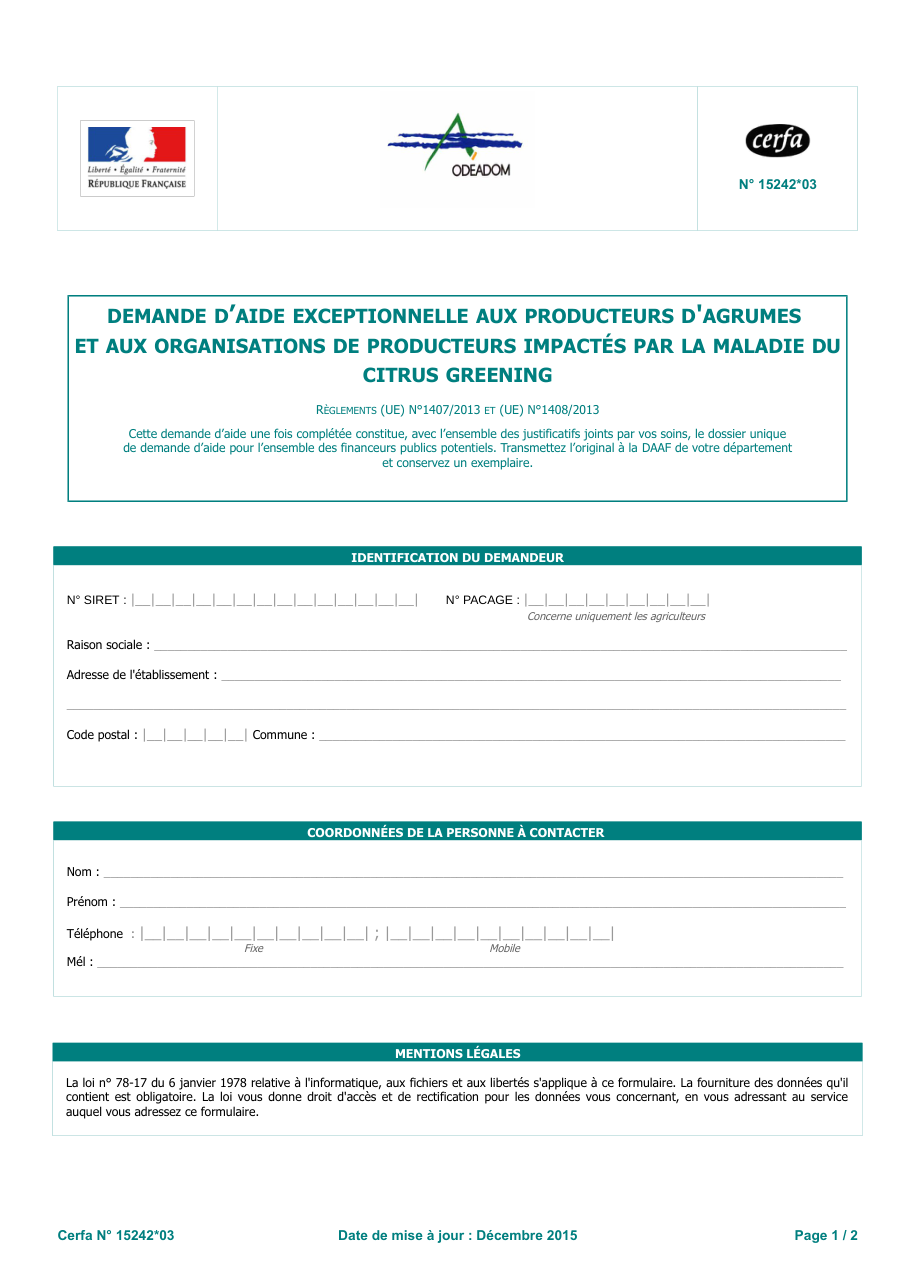 Page 1 du formulaire cerfa 15242 — Demande d'aide exceptionnelle aux producteurs d'agrumes et aux organisations de producteur