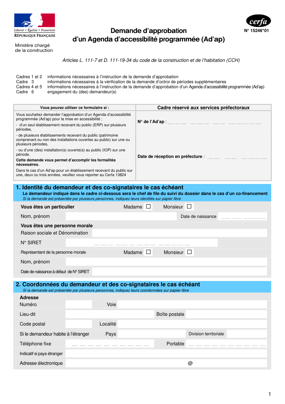 Page 1 du formulaire cerfa 15246 — Demande d'approbation d'un Agenda d'accessibilité programmée (Ad'AP)