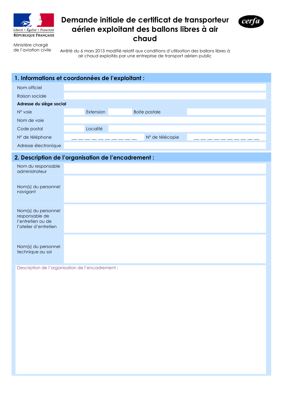 Page 1 du formulaire cerfa 15257 — Demander un certificat de transporteur aérien pour exploiter des ballons à air chaud