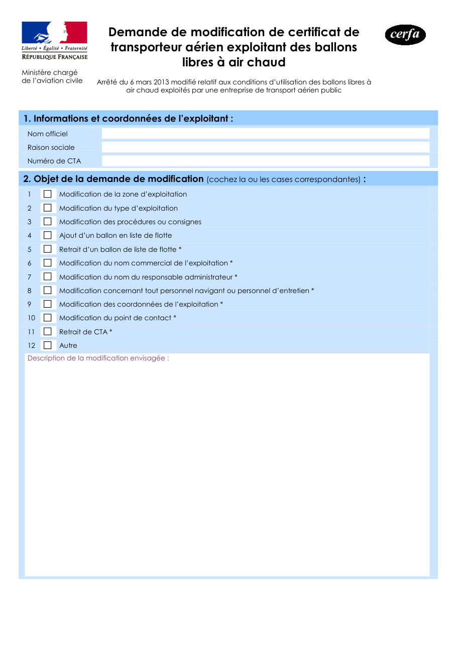 Page 1 du formulaire cerfa 15258 — Demande de modification de certificat de transporteur aérien exploitant des ballons libres à air chaud