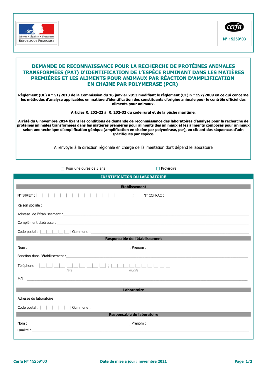 Page 1 du formulaire cerfa 15259 — Faire reconnaître un laboratoire pour la recherche par PCR de protéines animales transformées de ruminant
