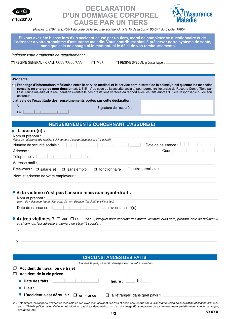 Page 1 du formulaire cerfa 15263 — Déclaration d'un dommage corporel causé par un tiers