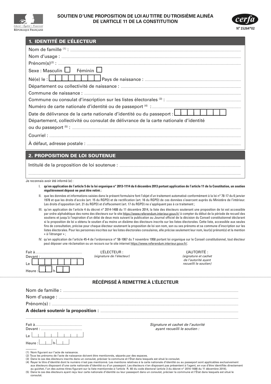 Page 1 du formulaire cerfa 15264 — Soutenir une proposition de loi référendaire (référendum d'initiative partagée)