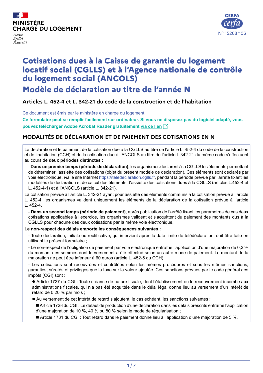 Page 1 du formulaire cerfa 15268 — Cotisations dues à la Caisse de garantie du logement locatif social (CGLLS) et à l'Agence