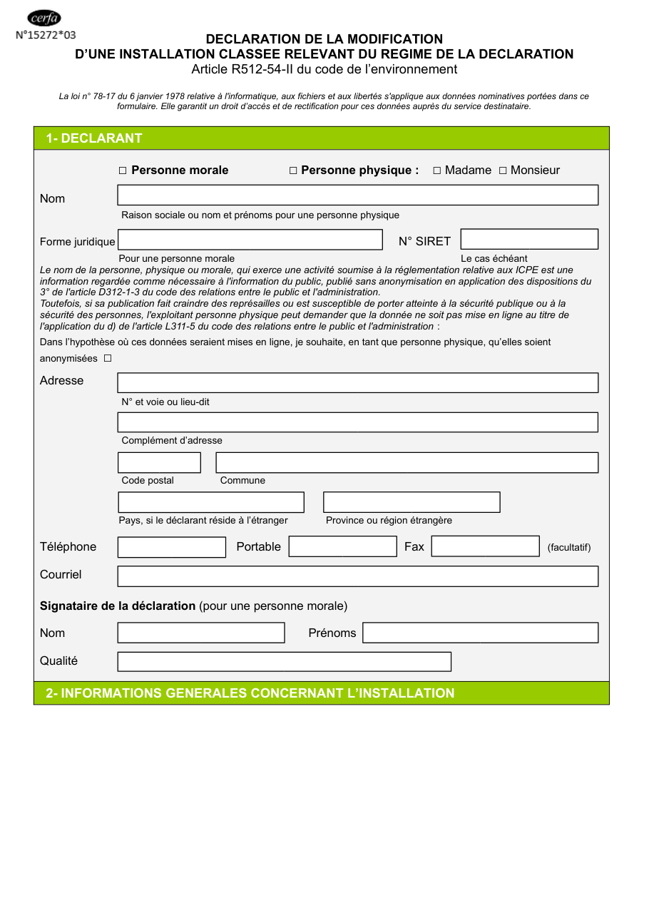 Page 1 du formulaire cerfa 15272 — Déclaration de la modification d'une installation classée relevant du régime de la déclaration