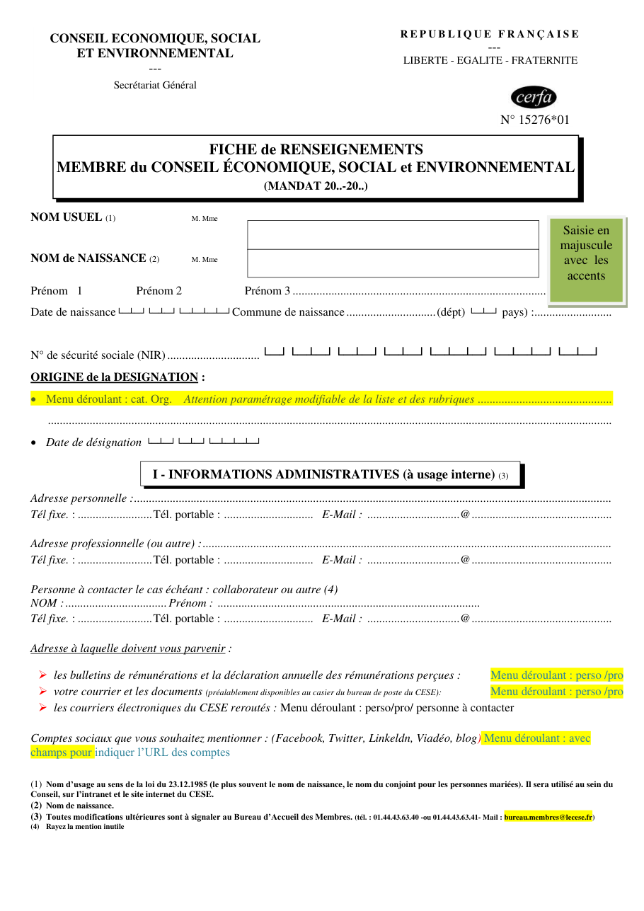 Page 1 du formulaire cerfa 15276 — Fiche de renseignements membre du conseil économique, social et environnemental