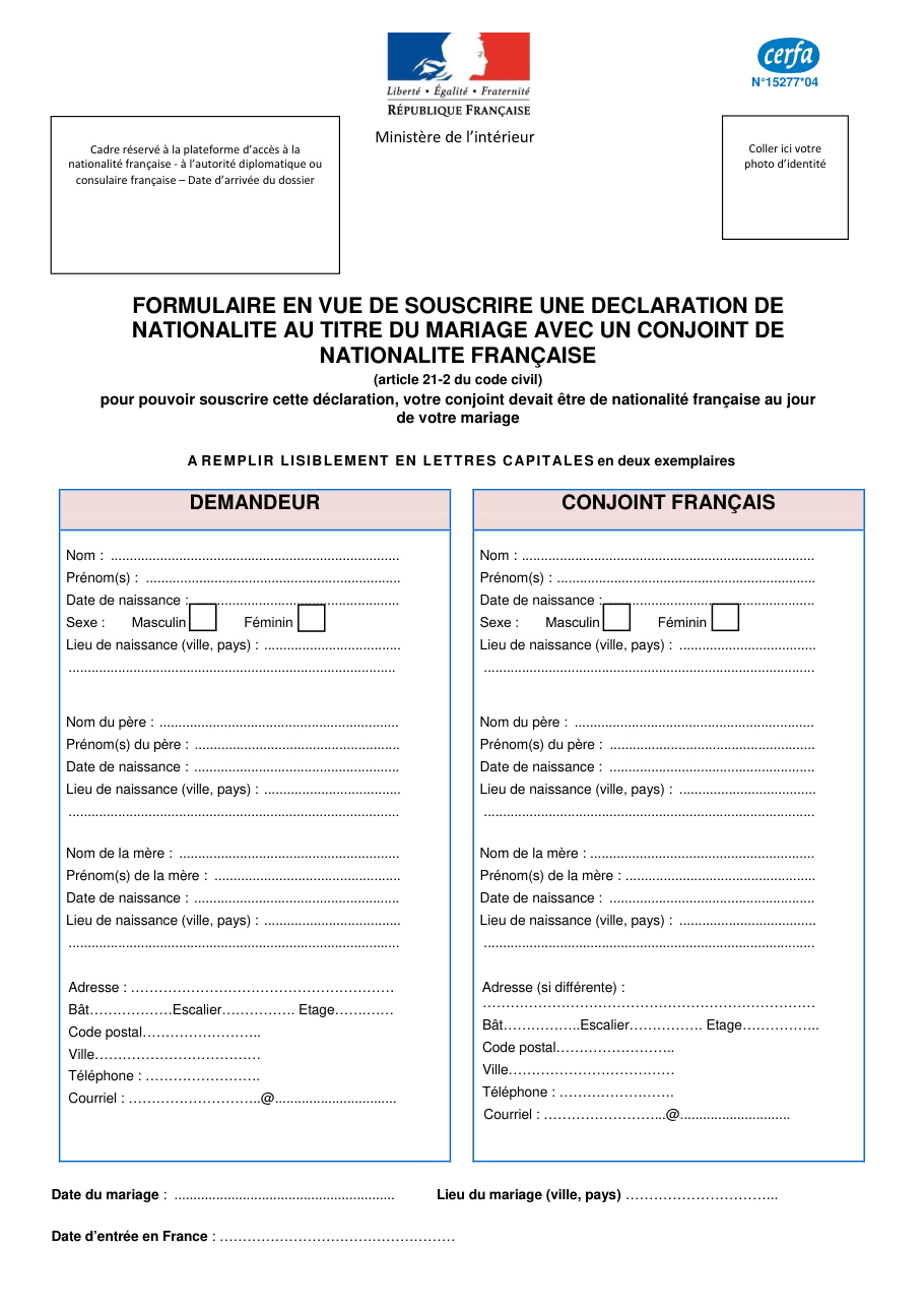 Page 1 du formulaire cerfa 15277 — Déclarer sa nationalité française au titre du mariage