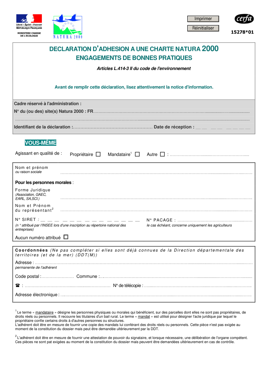 Page 1 du formulaire cerfa 15278 — Adhérer à une charte Natura 2000