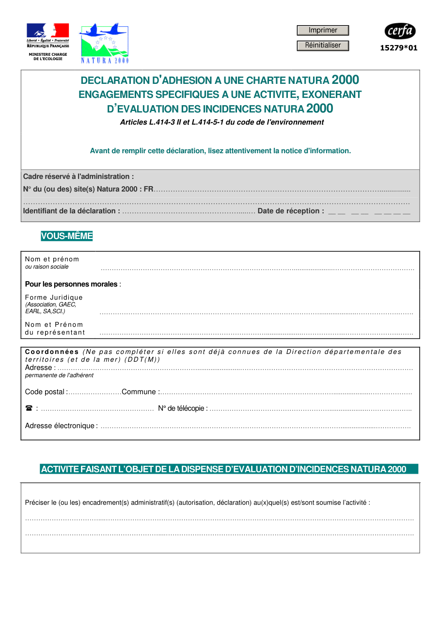 Page 1 du formulaire cerfa 15279 — Déclaration d'adhésion à une charte Natura 2000 - engagements spécifiques à une activité,