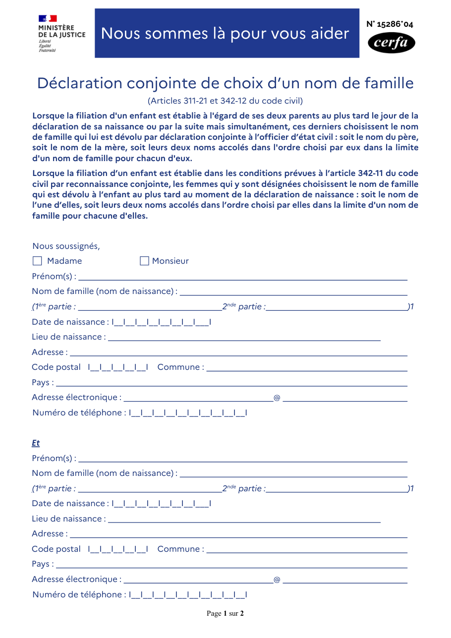 Page 1 du formulaire cerfa 15286 — Déclaration conjointe de choix d'un nom de famille
