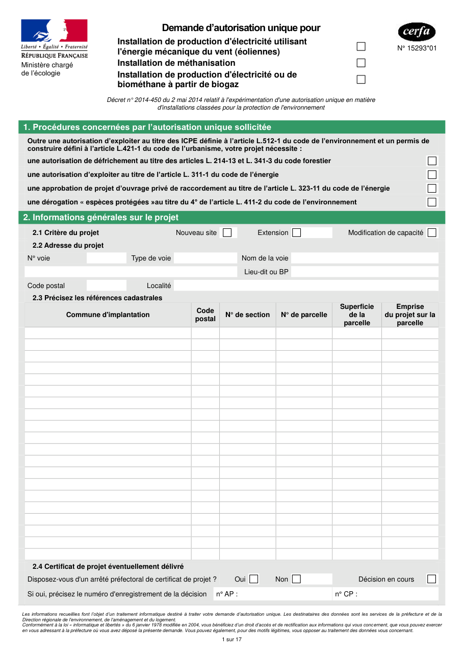 Page 1 du formulaire cerfa 15293 — Demande d'autorisation unique