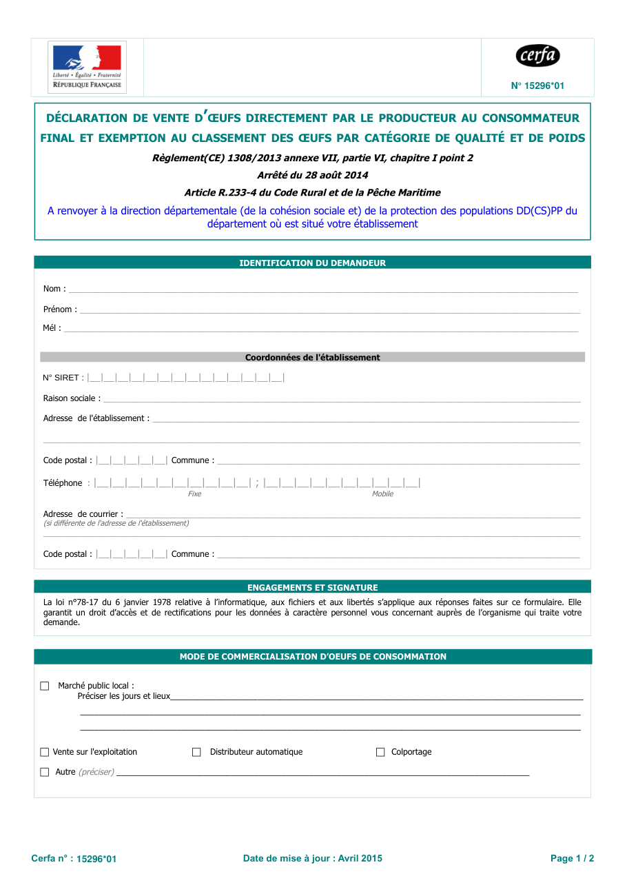Page 1 du formulaire cerfa 15296 — Déclaration de vente d'œufs directement par le producteur au consommateur final