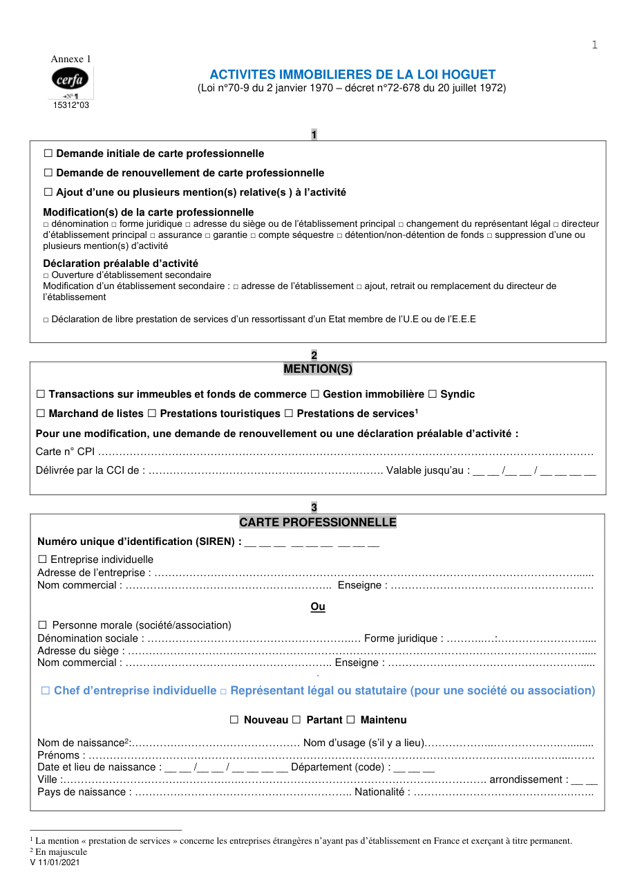 Page 1 du formulaire cerfa 15312 — Activités immobilières de la loi Hoguet (carte professionnelle)