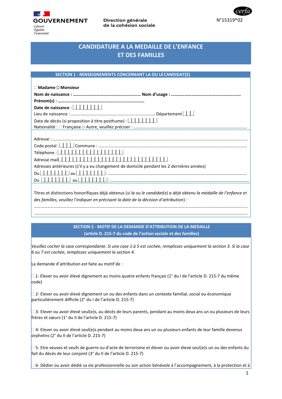 Page 1 du formulaire cerfa 15319 — Candidature à la médaille de l'enfance et des familles
