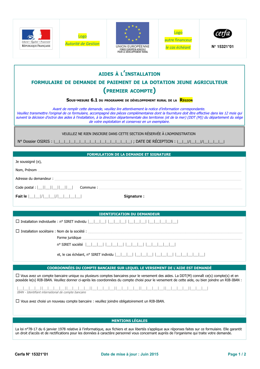 Page 1 du formulaire cerfa 15321 — Formulaire de demande de paiement de la dotation jeune agriculteur (premier acompte)