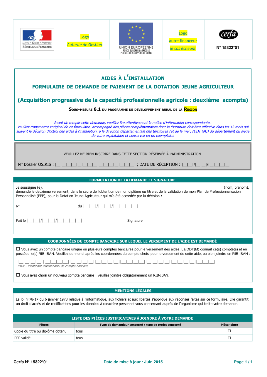 Page 1 du formulaire cerfa 15322 — Formulaire de demande de paiement de la dotation jeune agriculteur (deuxième acompte)