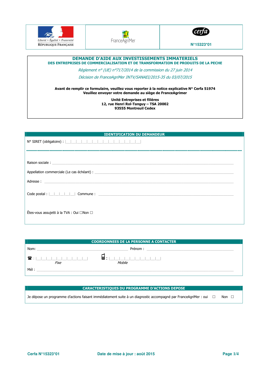 Page 1 du formulaire cerfa 15323 — Demande d'aide aux investissements immatériels des entreprises de commercialisation