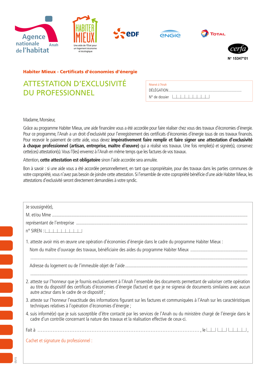 Page 1 du formulaire cerfa 15347 — Attestation d’exclusivité du professionnel