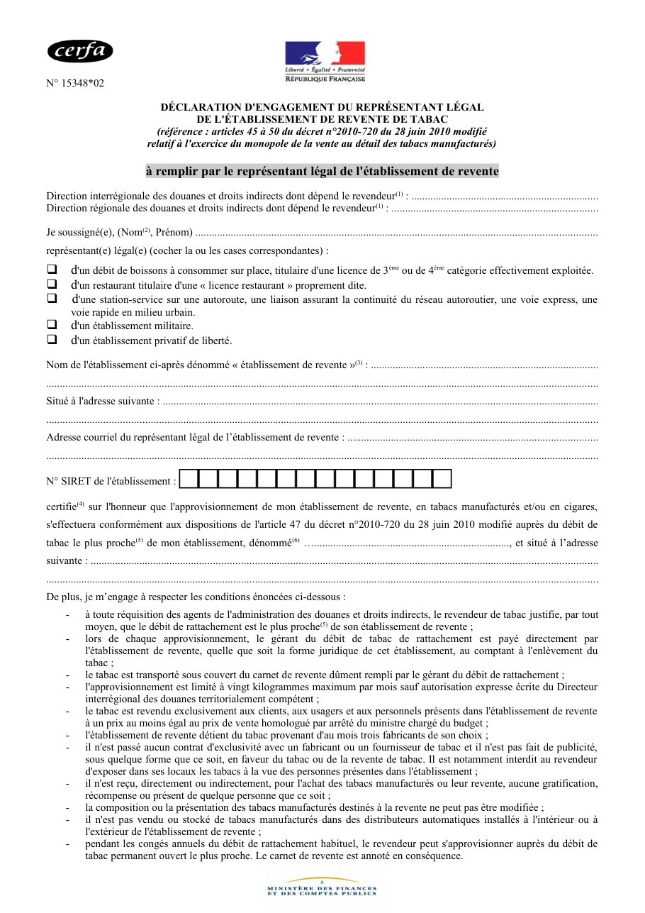 Page 1 du formulaire cerfa 15348 — Déclaration d'engagement du représentant légal de l'établissement de revente de tabac