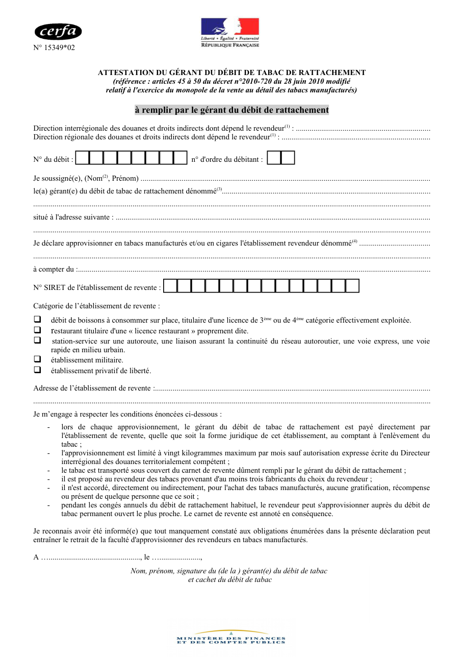 Page 1 du formulaire cerfa 15349 — Attester l'approvisionnement d'un revendeur de tabac par son débit de tabac de rattachement