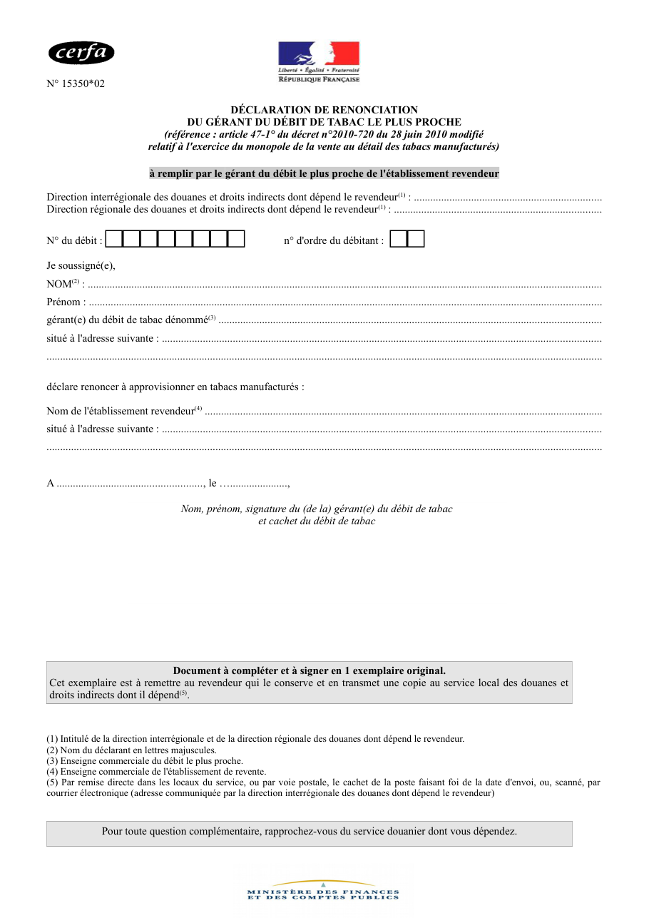 Page 1 du formulaire cerfa 15350 — Déclaration de renonciation du gérant du débit de tabac le plus proche