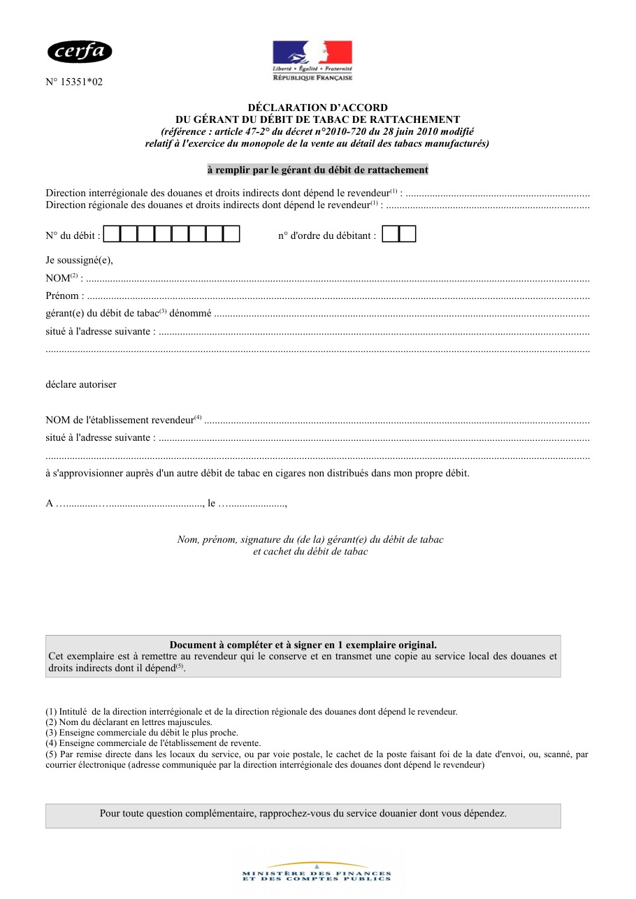 Page 1 du formulaire cerfa 15351 — Déclaration d'accord du gérant du débit de tabac de rattachement