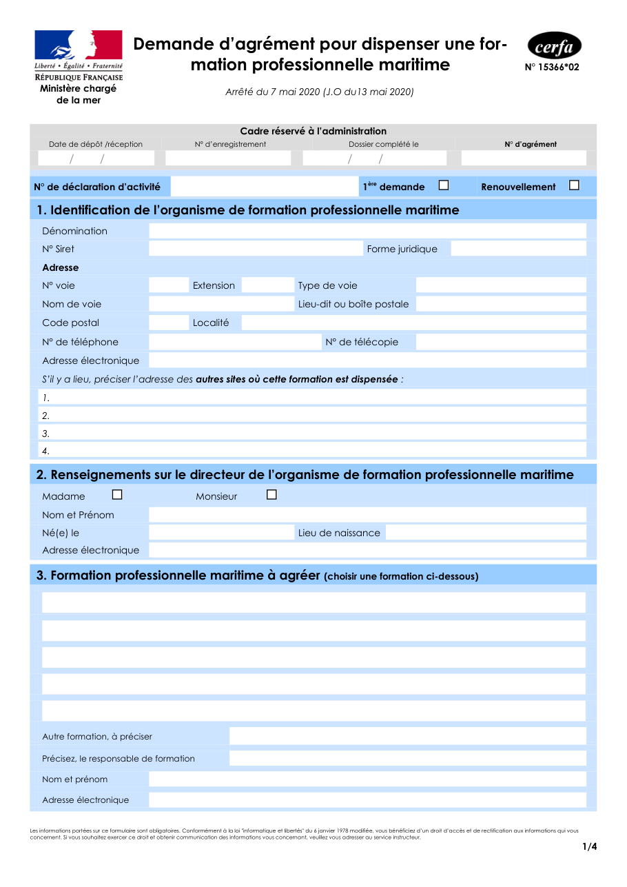 Page 1 du formulaire cerfa 15366 — Demande d’agrément pour dispenser une formation professionnelle maritime
