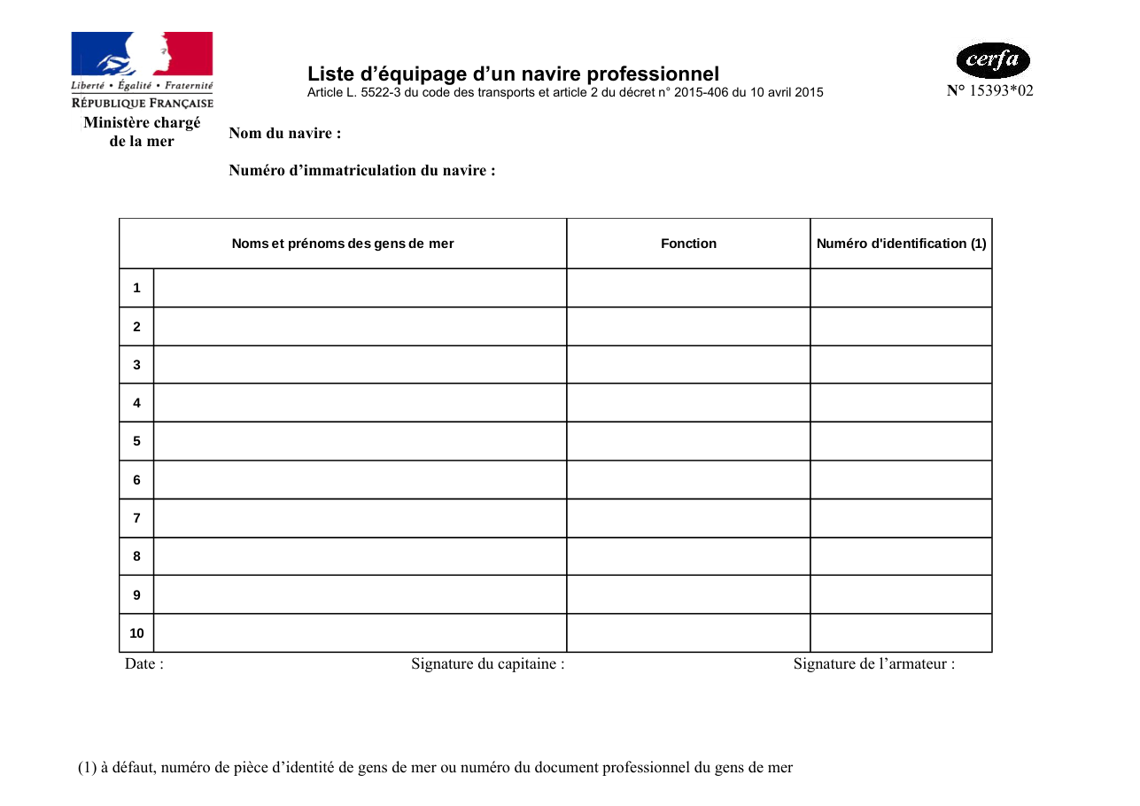 Page 1 du formulaire cerfa 15393 — Liste d’équipage d’un navire professionnel
