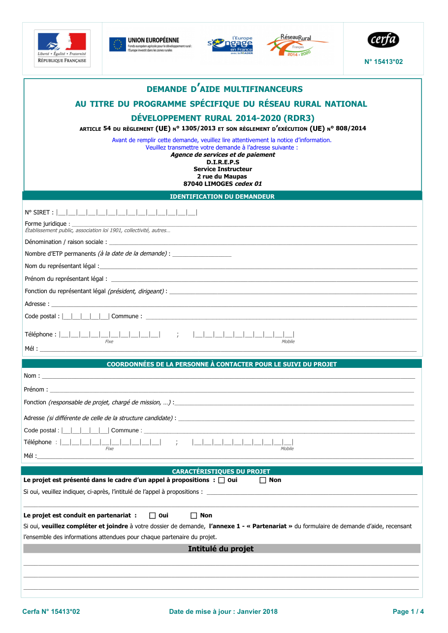 Page 1 du formulaire cerfa 15413 — Demande d'aide multifinanceurs — programme spécifique du réseau rural national