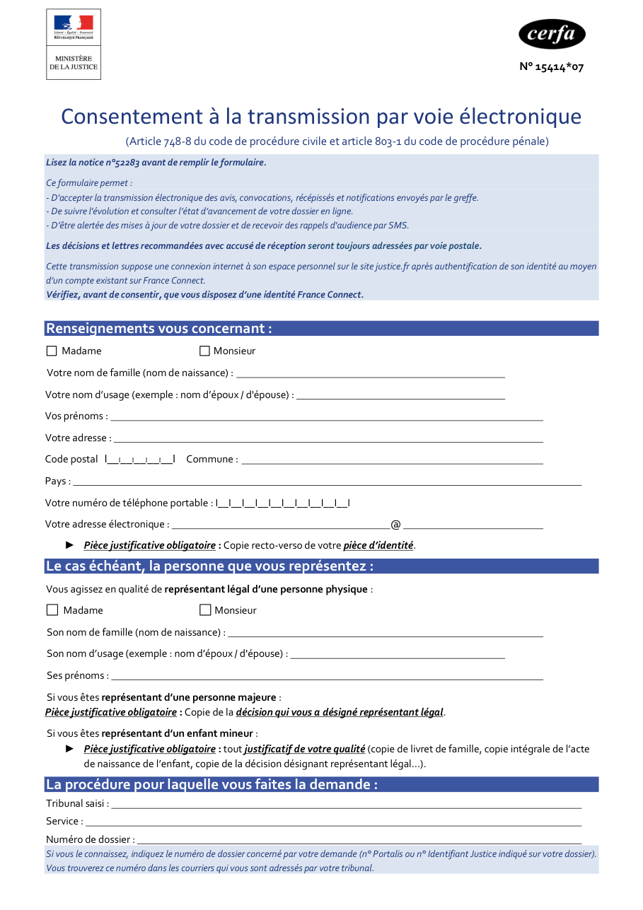 Page 1 du formulaire cerfa 15414 — Consentement à la transmission par voie électronique