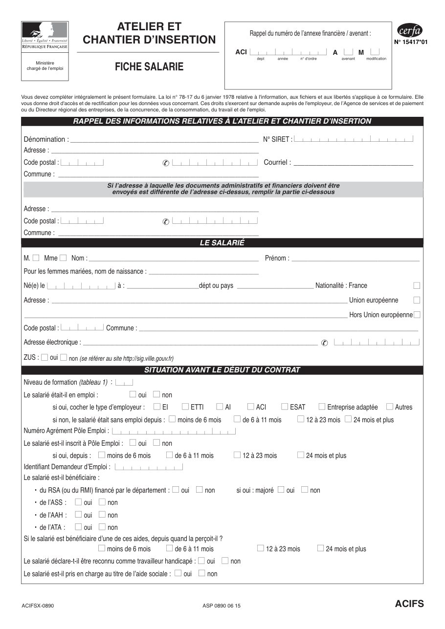 Page 1 du formulaire cerfa 15417 — Chantier d'insertion — fiche salarié