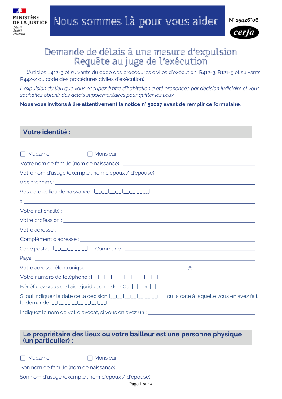 Page 1 du formulaire cerfa 15426 — Demande de délais pour quitter son logement en cas d'expulsion