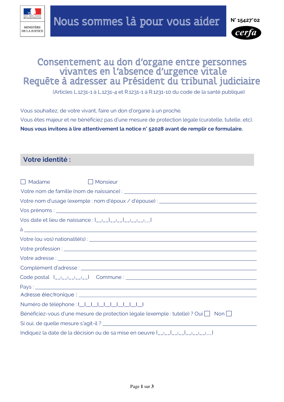 Page 1 du formulaire cerfa 15427 — Donner son consentement à un don d'organe entre personnes vivantes