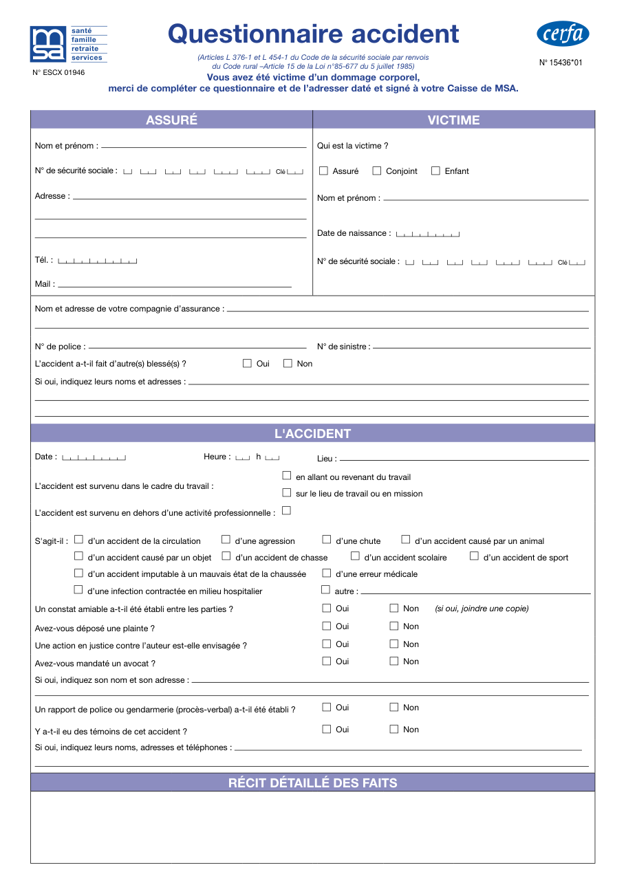 Page 1 du formulaire cerfa 15436 — Questionnaire accident