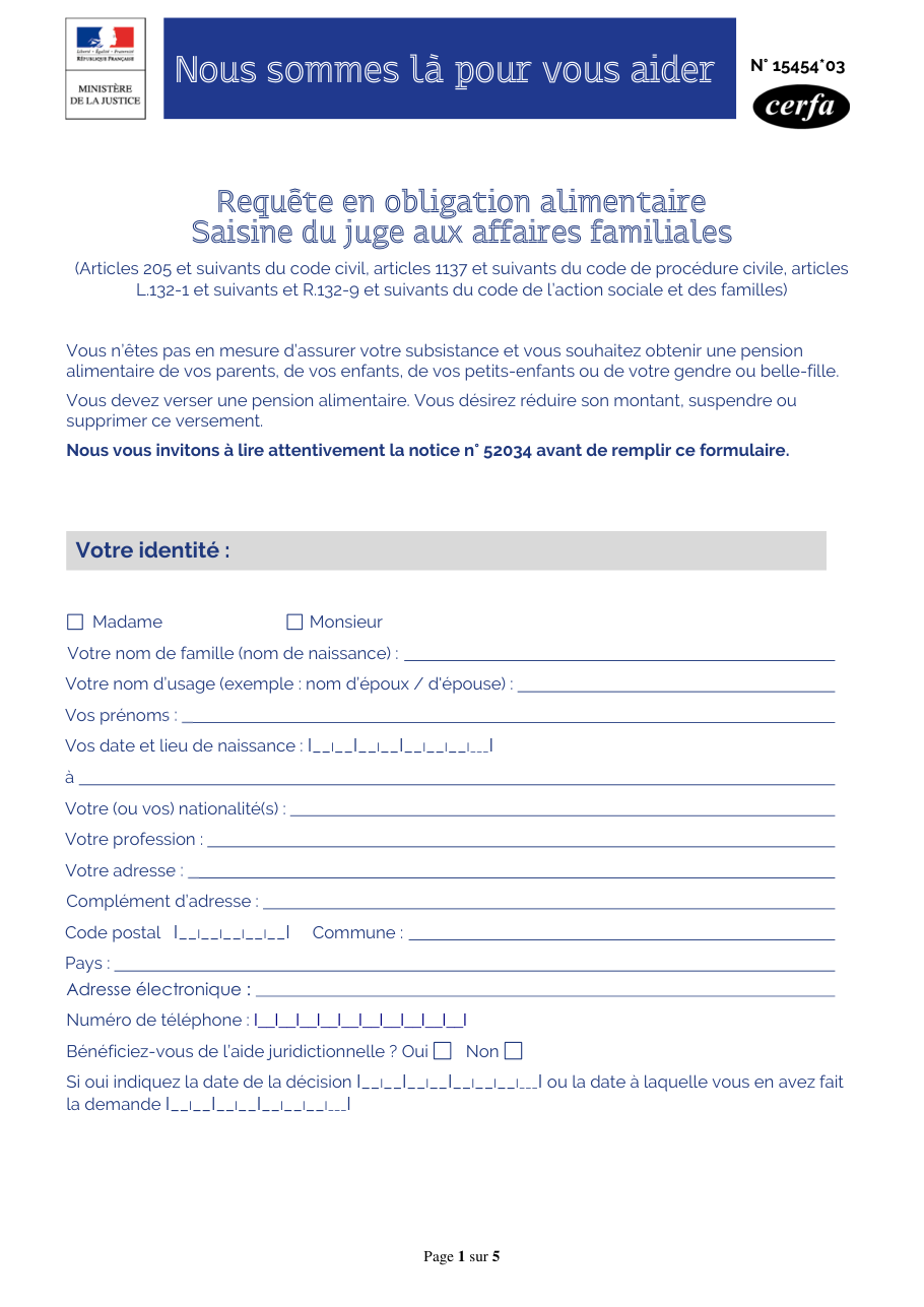 Page 1 du formulaire cerfa 15454 — Requête en obligation alimentaire Saisine du juge aux affaires familiales