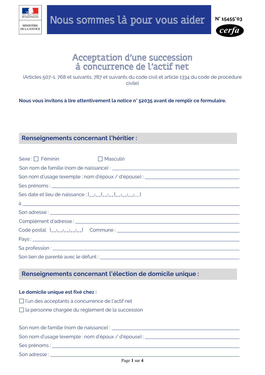 Page 1 du formulaire cerfa 15455 — Acceptation d'une succession à concurrence de l'actif net