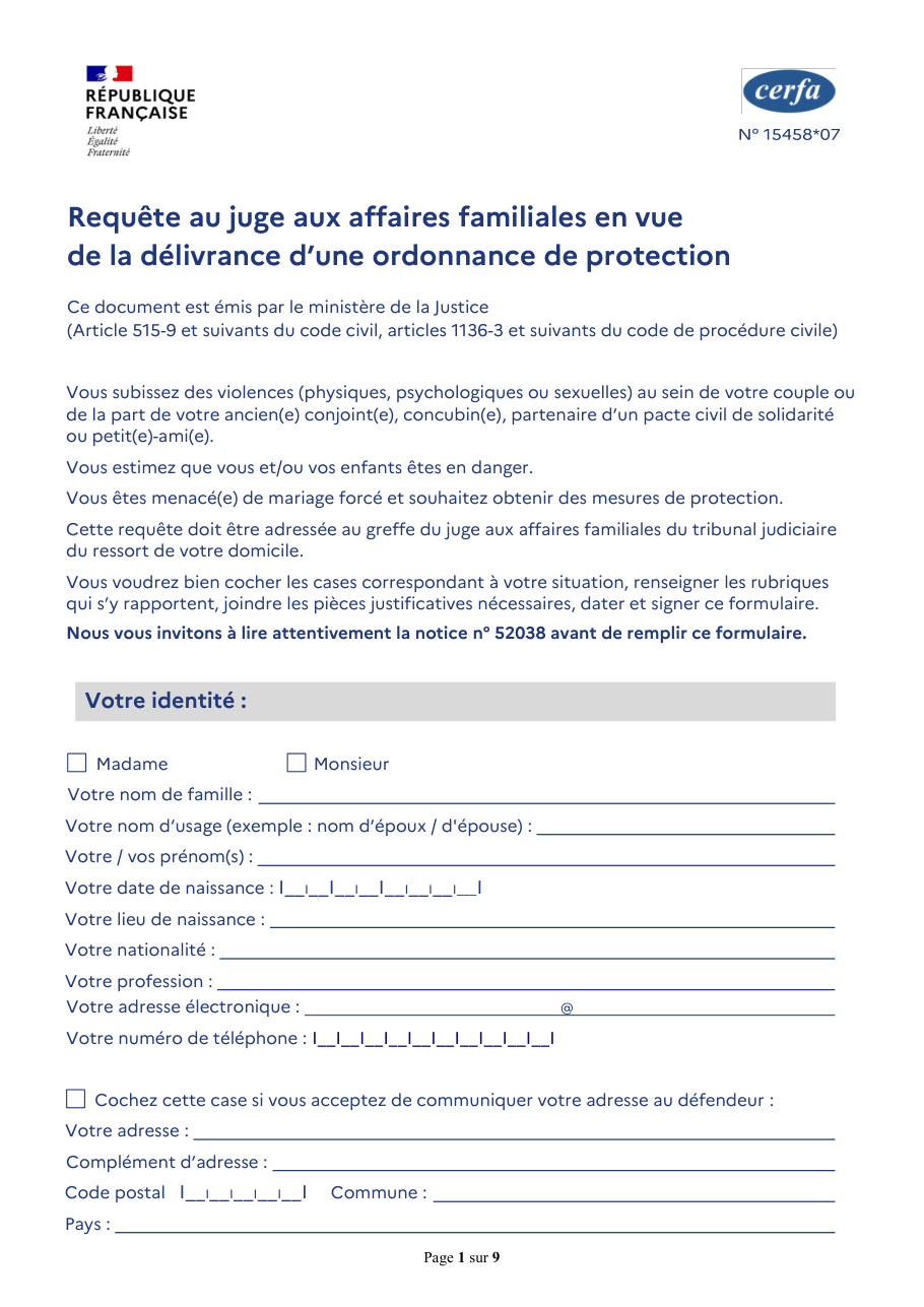 Page 1 du formulaire cerfa 15458 — Requête au juge aux affaires familiales en vue de la délivrance d'une ordonnance de protection