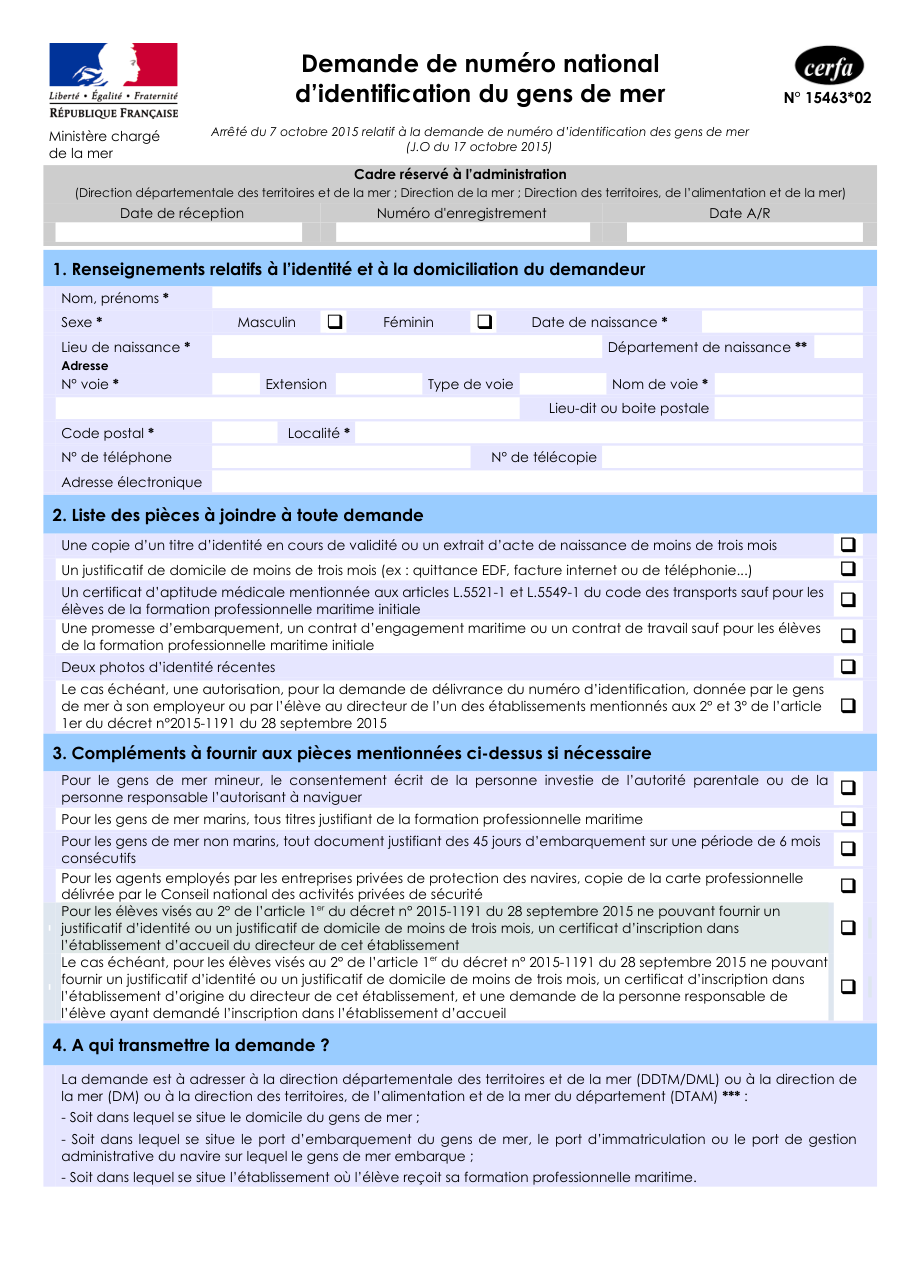Page 1 du formulaire cerfa 15463 — Demander son numéro national d'identification de gens de mer